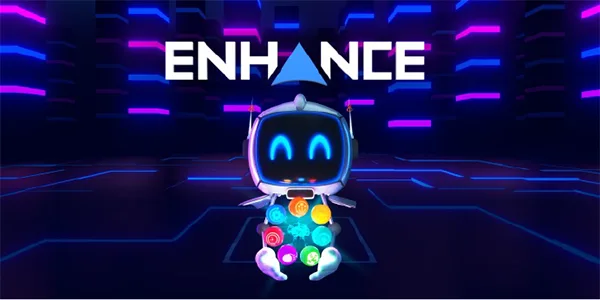 a little robot sitting under the logo of "Enhance".