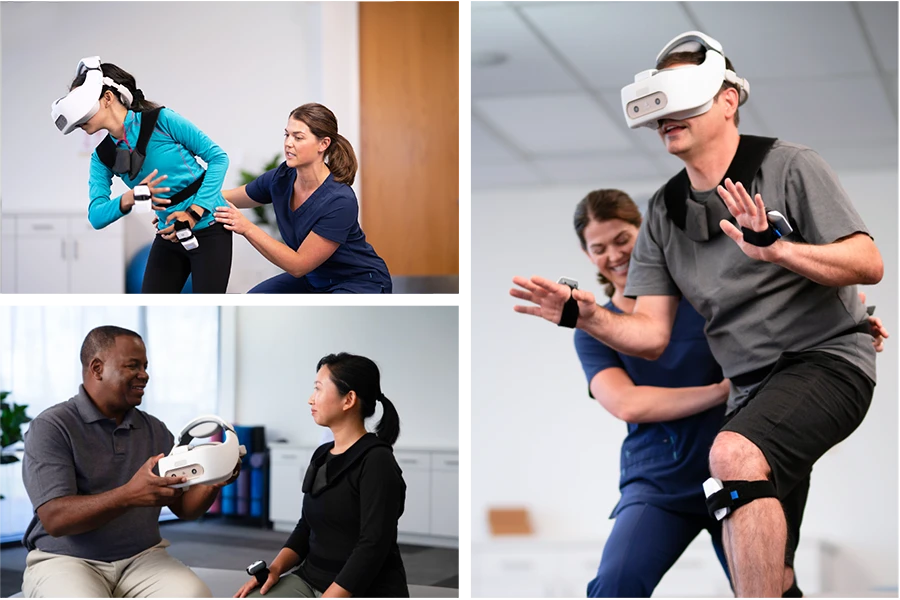 Collage of people using REAL System VR headset for physical therapy and rehabilitation
