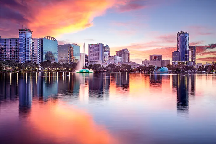 Orlando, FL skyline at dawn.