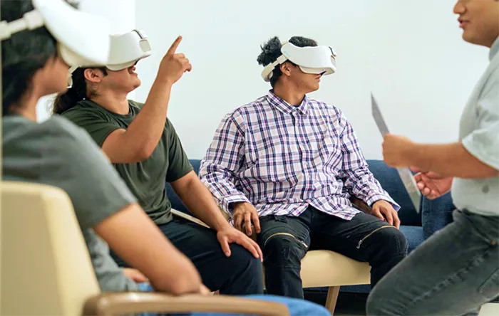 group of people wearing REAL System VR headset for distraction and relaxation