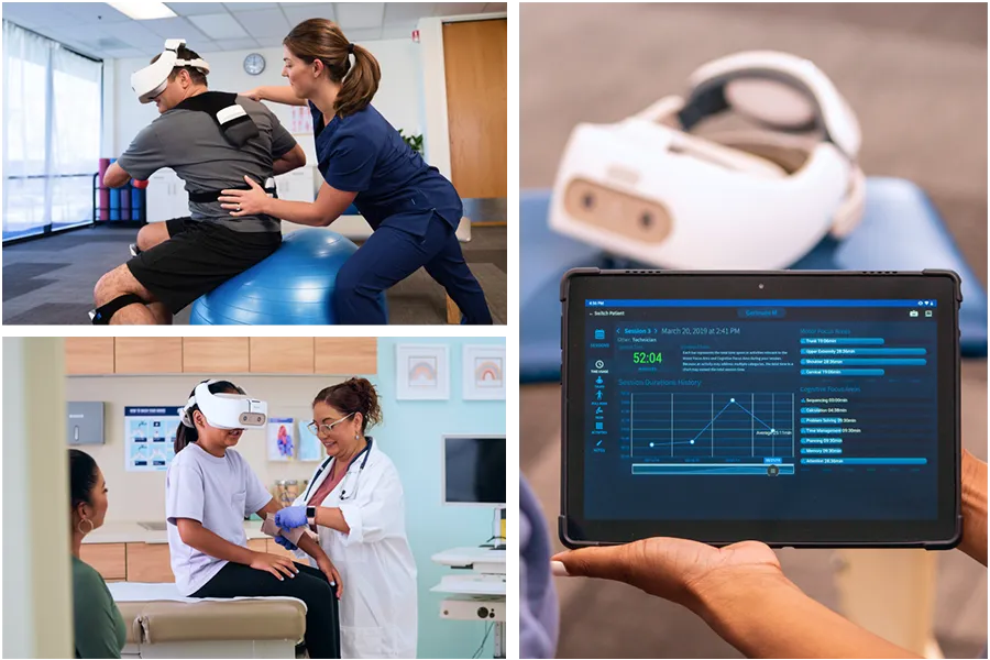 Collage of therapists and doctors helping clients who are wearing the REAL System VR headset