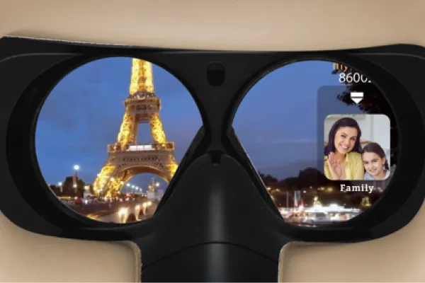 View of the inside of the REAL System VR headset, showing the Eiffel Tower