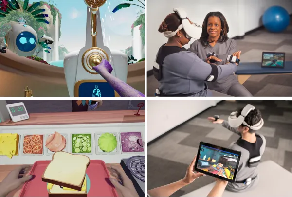 Collage of therapists helping clients who are wearing the REAL System VR headset and screenshots of experiences inside the device.