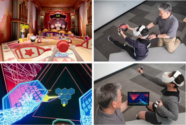Collage of therapists  helping clients who are wearing the REAL System VR headset and screenshots of experiences inside the device.